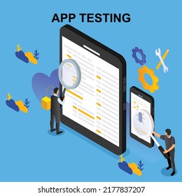 App Testing, Mobile Application Development Process Isometric 3d Vector Illustration Concept For Banner, Website, Illustration, Landing Page, Flyer, Etc.