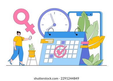 App for tracking menstrual cycle and ovulation concept. Young woman marks the date of her period in the online calendar. Minimal vector illustration for landing page, web banner, hero images.