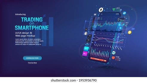 App for trading cryptocurrency on the phone. Template trading platform, web page concept. Smartphone App with UI, online statistic, data analytics and finance. Trends and financial strategy. Vector