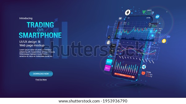 App for trading cryptocurrency on the phone.\
Template trading platform, web page concept. Smartphone App with\
UI, online statistic, data analytics and finance. Trends and\
financial strategy. Vector
