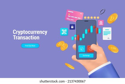 App for trading cryptocurrency on smartphone. 3D vector realistic cartoon trading platform illustration. Cryptocurrency trading platform with  online statistic, data analytics and finance. Forex App