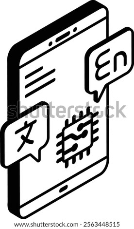 app translating text document with ai isometric vector, Artificial general intelligence symbol, Natural Language Processing sign, Machine Deep Instantly accurate language translation using llm concept