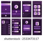 App UI design. Application smartphone template icon. Menu button. Interface UX kit. Mobile web screen. Messenger chat. Music listening. Calendar or shopping panel. Vector GUI dashboard elements set