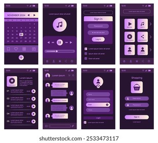 Diseño de interfaz de usuario App. Icono de la Plantilla del smartphone de la aplicación. Menú Botón. Kit de interfaz UX. Pantalla de Web móvil. Chat de Messenger. Música escuchando. Calendario o panel de compras. Conjunto de Elementos de tablero de Vector GUI