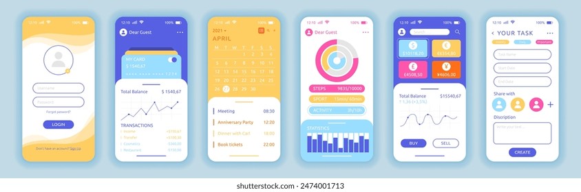 App UI. Phone screen interface application. Account login. Smartphone call and message. Cellphone finance dashboard. Schedule planner with calendar. Mobile graphic mockup. Vector garish templates set