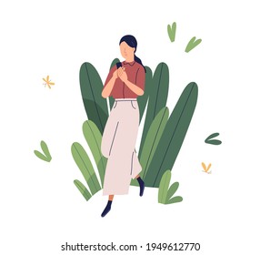 App user care. Concept of positive friendly environment in usable convenient mobile application. Woman using smartphone. Colored flat graphic vector illustration isolated on white background