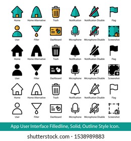 App User Interface Filled line, Solid, Out line style icon set for Home, Home Alt, Trash, Notification, Notification Disable, Flag, User, Filter, Dashboard, Microphone, Microphone Disable, Screenshot.