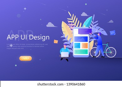 App UX UI design concept, designers teamwork working on mobile app development, app building for web landing page