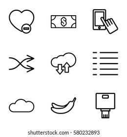 app vector icons. Set of 9 app outline icons such as Banana, finger on display, minus favorite, shuffle, menu, cloud, camera, download upload cloud