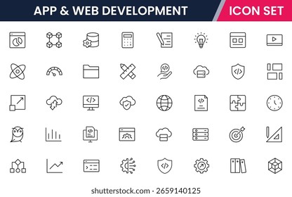 App and web development vector line icons featuring code, wireframes, interfaces, screens, UX UI, testing, deployment, bugs, and digital tools.