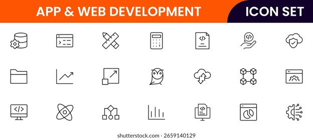 App and web development vector line icons featuring code, wireframes, interfaces, screens, UX UI, testing, deployment, bugs, and digital tools.