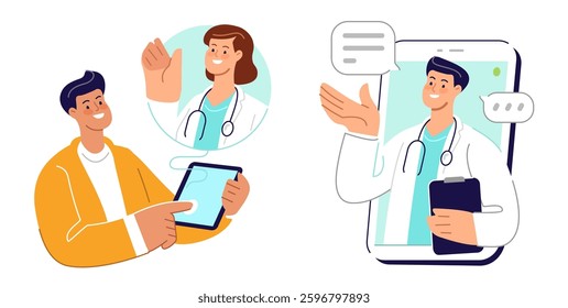 App or web service for remote medical help. Healthcare, telemedicine. Patient consults with doctor online