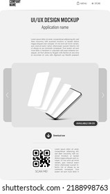 App website layout in a minimalist style with a presentation of a smartphone application - includes a title, description, and links in the form of QR code and a button