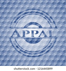 Appal blue emblem with geometric pattern background.