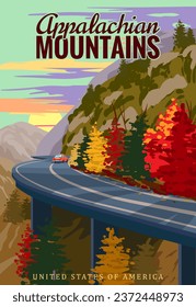 Appalachian Mountains travel vintage poster, autumn road, car, mountains, highway. Retro illustration