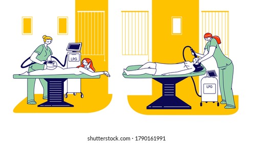 Apparatus Cosmetology, Female Characters Having Procedure of Lpg on Body and Face. Clinic. Women in Special White Suit Getting Anti Cellulite Massage in Spa Salon. Linear People Vector Illustration