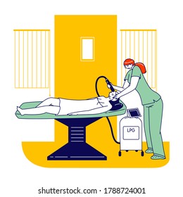 Apparatus Cosmetology, Lpg Massage. Girl Applying Facial Beauty Spa Procedure. Female Character Anti Aging Treatment in Professional Clinic with Medical Massager. Linear People Vector Illustration