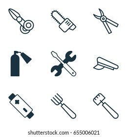 Apparatus Icons Set. Collection Of Cop Cap, Screwdriver With Wrench, Gasoline Cutter And Other Elements. Also Includes Symbols Such As Firefighter, Spatula, Cop.