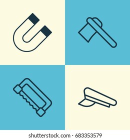 Apparatus Icons Set. Collection Of Cop Cap, Carpentry, Tomahawk And Other Elements. Also Includes Symbols Such As Cap, Axe, Attraction.