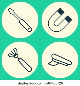 Apparatus Icons Set. Collection Of Cop Cap, Attraction, Harrow And Other Elements. Also Includes Symbols Such As Polarity, Pitchfork, Screwdriver.