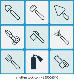 Apparatus Icons Set. Collection Of Firefighter, Clippers, Putty And Other Elements. Also Includes Symbols Such As Scoop, Rake, Garden.