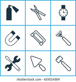 Apparatus Icons Set. Collection Of Firefighter, Harrow, Spatula And Other Elements. Also Includes Symbols Such As Pruning, Clock, Magnet.