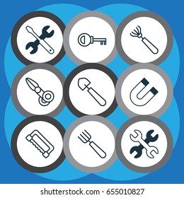 Apparatus Icons Set. Collection Of Garden Fork, Password, Spanner And Other Elements. Also Includes Symbols Such As Scoop, Fork, Screwdriver.