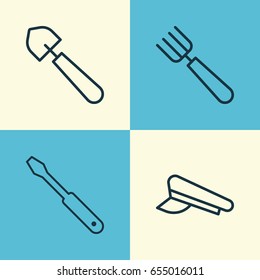 Apparatus Icons Set. Collection Of Garden Fork, Turn Screw, Scoop And Other Elements. Also Includes Symbols Such As Cop, Screwdriver, Scoop.