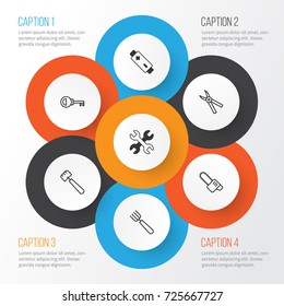 Apparatus Icons Set. Collection Of Gasoline Cutter, Spatula, Alkaline And Other Elements. Also Includes Symbols Such As Battery, Pliers, Key.