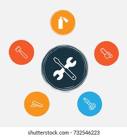 Apparatus Icons Set. Collection Of Gasoline Cutter, Clippers, Screwdriver With Wrench And Other Elements. Also Includes Symbols Such As Tool, Chainsaw, Scissors.