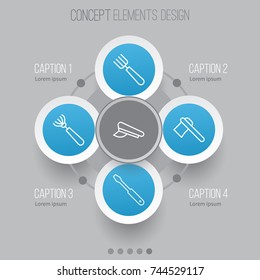 Apparatus Icons Set. Collection Of Harrow, Tomahawk, Garden Fork And Other Elements. Also Includes Symbols Such As Hatchet, Garden, Cap.