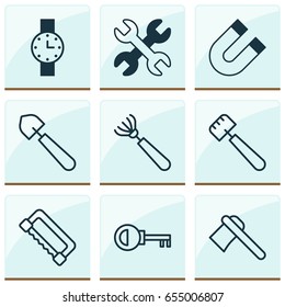 Apparatus Icons Set. Collection Of Password, Tomahawk, Harrow And Other Elements. Also Includes Symbols Such As Key, Tool, Access.