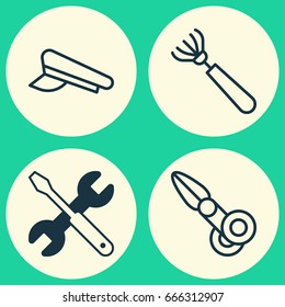 Apparatus Icons Set. Collection Of Screwdriver With Wrench, Cop Cap, Clippers And Other Elements.  