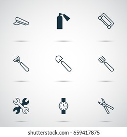 Apparatus Icons Set. Collection Of Spanner, Scoop, Timer And Other Elements. Also Includes Symbols Such As Watch, Hat, Pitchfork.