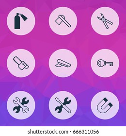 Apparatus Icons Set. Collection Of Spanner, Tomahawk, Gasoline Cutter And Other Elements. Also Includes Symbols Such As Pincers, Polarity, Repair.