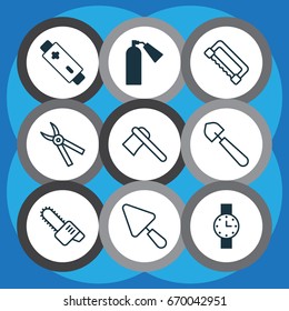 Apparatus Icons Set. Collection Of Timer, Pliers, Firefighter And Other Elements. Also Includes Symbols Such As Saw-Blade, Cutter, Cutting.