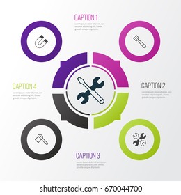 Apparatus Icons Set. Collection Of Tomahawk, Screwdriver With Wrench, Spanner And Other Elements. Also Includes Symbols Such As Hatchet, Screwdriver, Tomahawk.