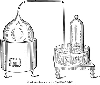 An apparatus used by Lavoisier to heat mercury (Hg) so that mercury oxide (HgO) could be obtained, vintage line drawing or engraving illustration.