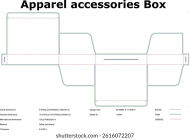 Apparel accessories box die cut template technical drawing packaging design box layout for manufacturing and product development