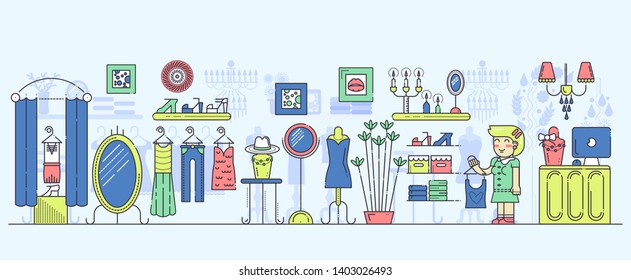 Apparel boutique interior vector flat illustration. Fashion shop with wardrobe, mannequins, racks, mirrors, cashbox on desk. Consultant in female store offers to buy clothes, footwear, accessories.