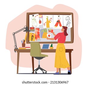 Diseñadora de ropa Personaje femenino Elija la paleta de color para una nueva colección de prendas de vestir, Proceso de trabajo de sastre femenino en la habitación con esbozos colgados a bordo. Ilustración de vectores de personas de caricatura