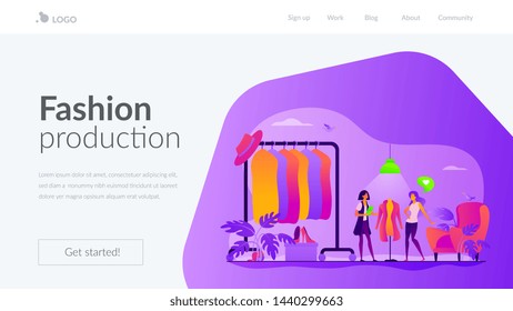 Apparel designer, shopper and seller consultant. Vogue industry, wardrobe update. Fashion house, clothing design house, fashion production concept. Website homepage header landing web page template.