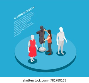 Apparel fashion clothing designer at work isometric composition with tailor and window display mannequins   background vector illustration 