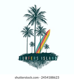 Apparel fashion vector print with palm trees and surfboard