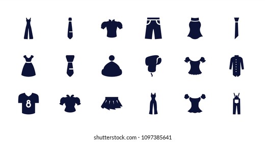 Apparel icon. collection of 18 apparel filled icons such as dress, blouse, pants, jumpsuit, jacket, tie, football t shirt, skirt. editable apparel icons for web and mobile.