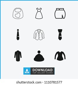 Apparel icon. collection of 9 apparel filled and outline icons such as blouse, jacket, tie, dress, skirt, winter hat. editable apparel icons for web and mobile.