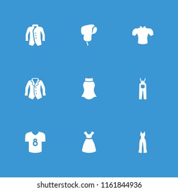 Apparel icon. collection of 9 apparel filled icons such as dress, blouse, jacket, football t shirt, jumpsuit, skirt. editable apparel icons for web and mobile.