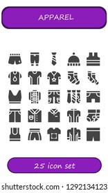  apparel icon set. 25 filled apparel icons. Simple modern icons about  - Shorts, Pants, Tie, Beanie, Sleeveless shirt, Shirt, Tshirt, Socks, Tank top, Jacket, Short