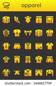 apparel icon set. 26 filled apparel icons.  Simple modern icons about  - Cardigan, Tie, Socks, Baby clothes, Short, Pants, Jacket, Soccer jersey, Tshirt, Shirt, Shorts, Clothes
