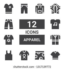 apparel icon set. Collection of 12 filled apparel icons included Tshirt, Short, Shirt, Sleeveless, Trousers, Hoodie